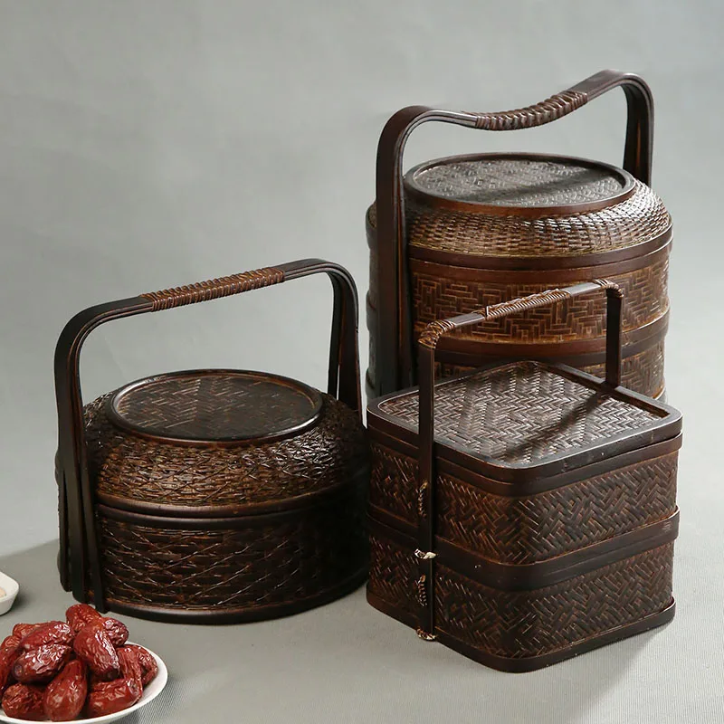 Food Snacks Hamper - Bamboo Picnic Basket with Lid Multi-Layer
